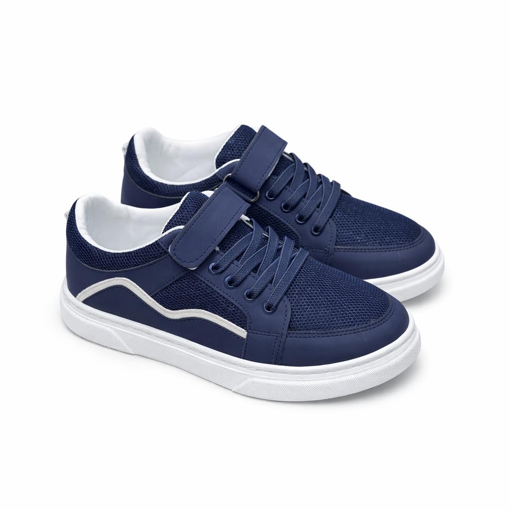 Navy Blue boys Sneakers with White Sole, Strap, Mesh Upper, Lace-Up Casual Shoes m7-26