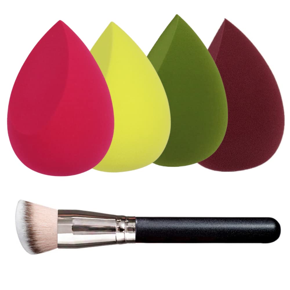 TATORERA 4+1Pcs Makeup Sponges with Flat Head Foundation Brush, makeup sponges the softest for foundation Liquid Cream and Powder, Sponge Blender and Kabuki Brush, Beginner Beauty Tool.