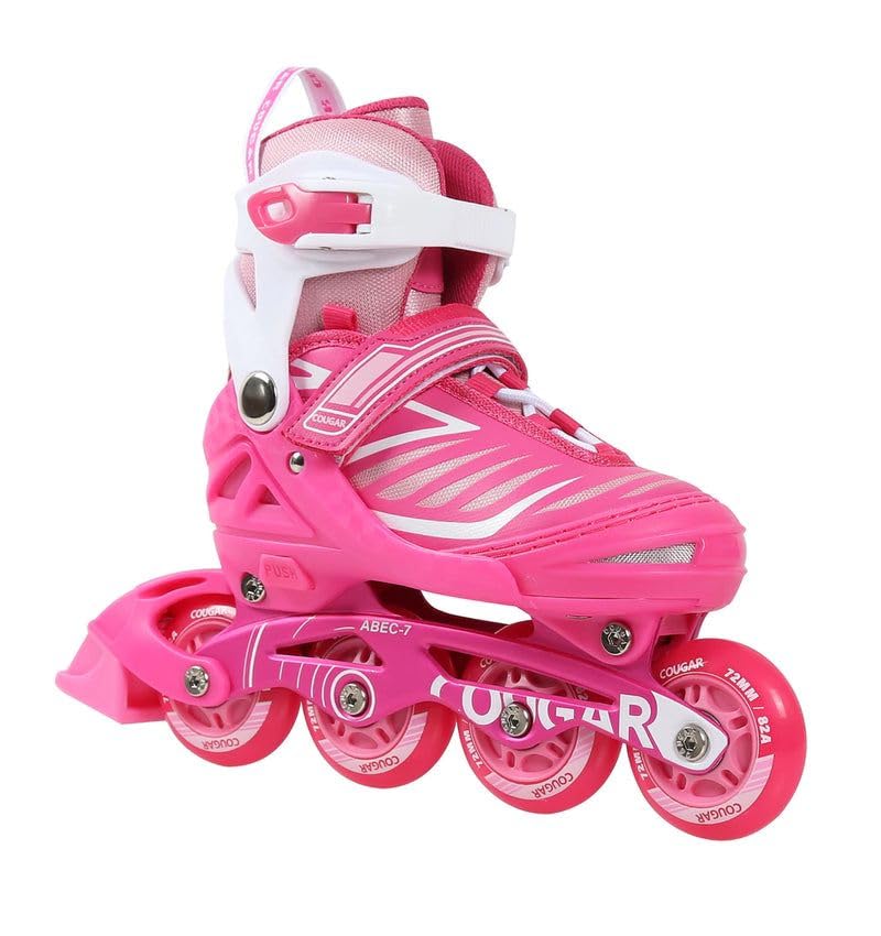 Cougar Pink Adjustable Roller Skates, Size 32-35, for Kids, Beginner, Unisex, with 4 Light Up PU Wheels, Indoor/Outdoor Use