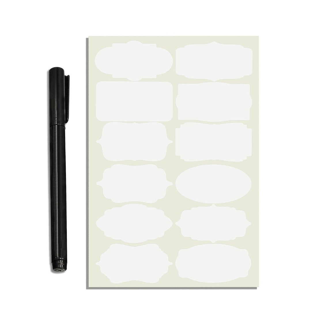 Pack of 96 Vinyl Stickers for Mason Jars Glass Bottles, Decals Craft, Kitchen Waterproof Jar Labels Stickers with Pen (12 Different Shapes 2.5 Inch x 1.25 Inch) (White)