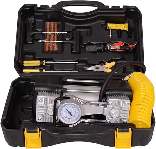Heavy Duty 2 Piston Car Tire Inflator with Full Kit Bag and Emergency Light, Works on Lighter and Battery