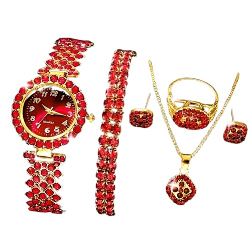MySouq Store | Crystal Rhinestone Quartz Watch and Jewellery Set, Gold-Tone Bracelet, Necklace, Ring, and Stud Earrings, Valentine's Day Gift