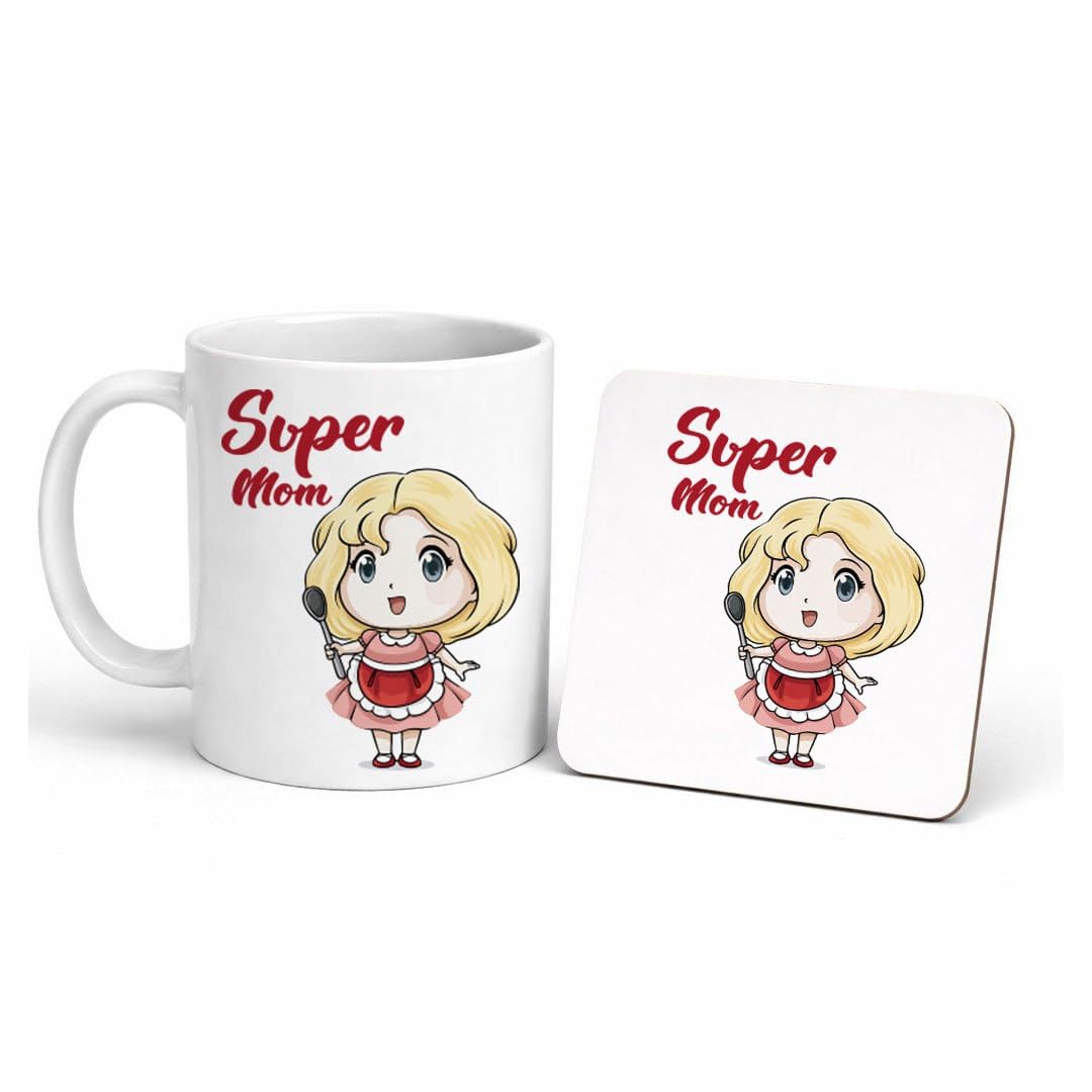 Cute Super Mom Cartoon Mug 350ml with Wooden Coaster – Adorable Mother’s Day Coffee Cup Gift Set for Moms
