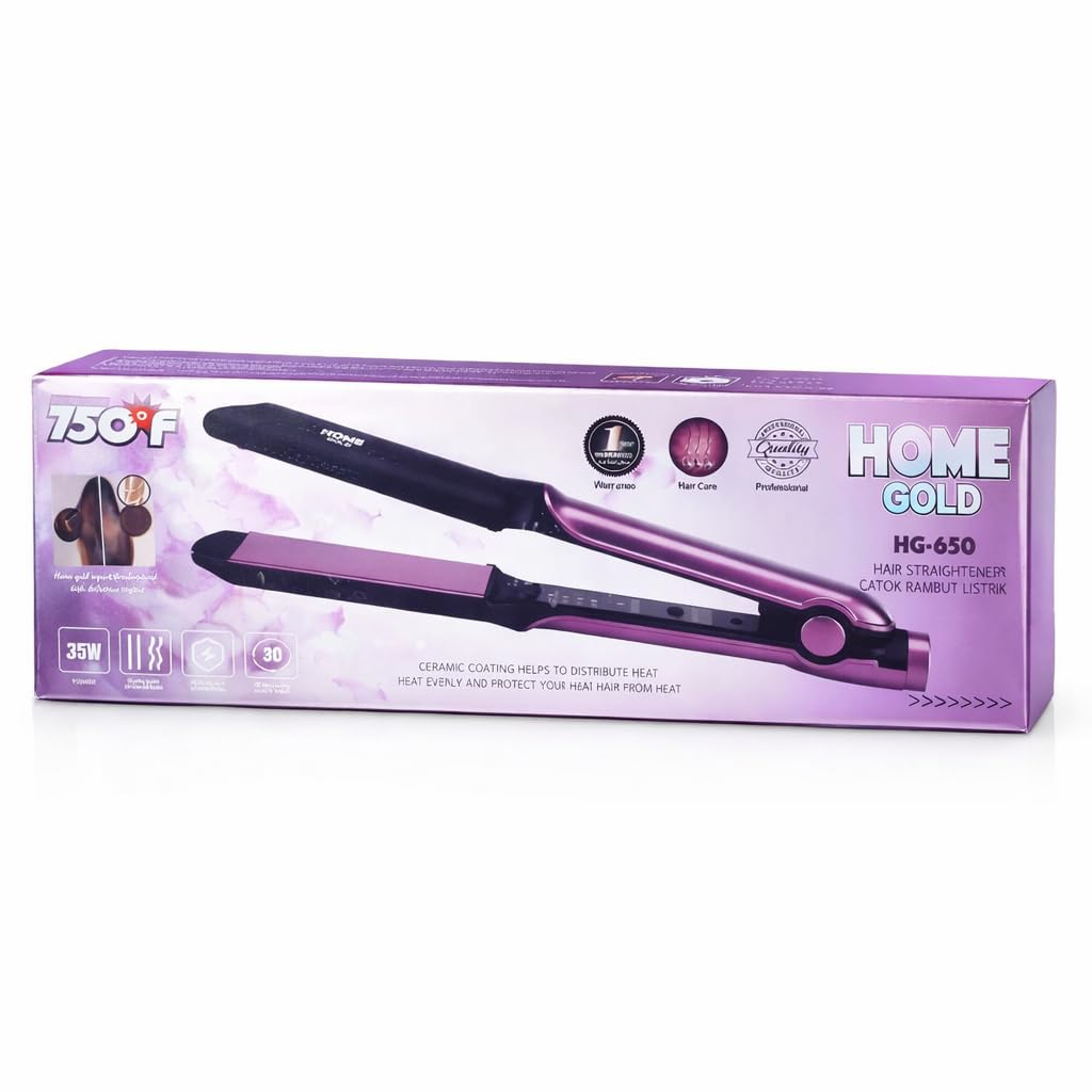 Hair Straightener Ceramic 750°F Fast Heating 30s 360° Swivel Cord 35W HG-650 Black and Pink