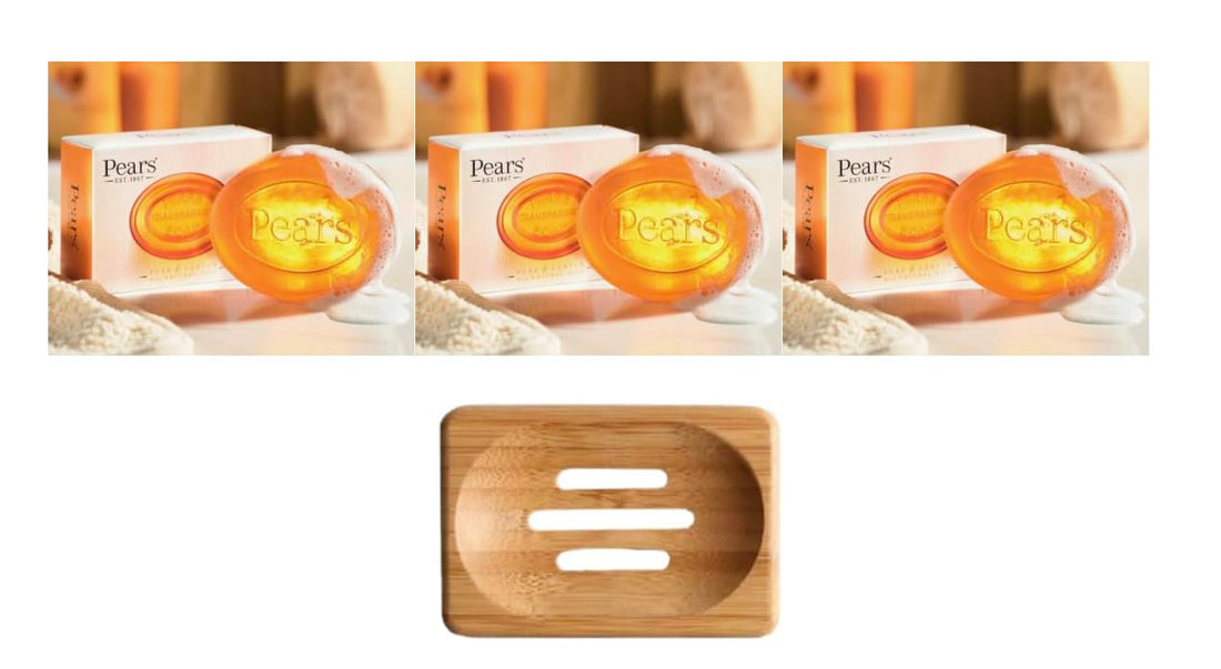 Pears Pure & Gentle Transparent Soap Bar 3x125 g (Natural Oils) + Dr Cosi Natural Wooden Bamboo Soap Dish Storage Holder (Set of 4)