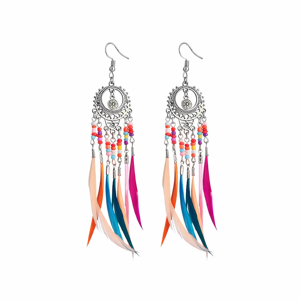 Showday Bohemian Feather Drop Earrings for Women, Handmade Dreamcatcher Dangle Earrings, Gold & Silver Color, Lightweight Statement Jewelry