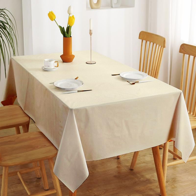 INtex Home Waterproof Tablecloth, Daniella Geometric Pattern Rectangle Table Cover, Stain Resistant Wipeable Fabric for Kitchen Dining Table, 1 Piece - Classic Weave - Biege - 200 x 270 cm