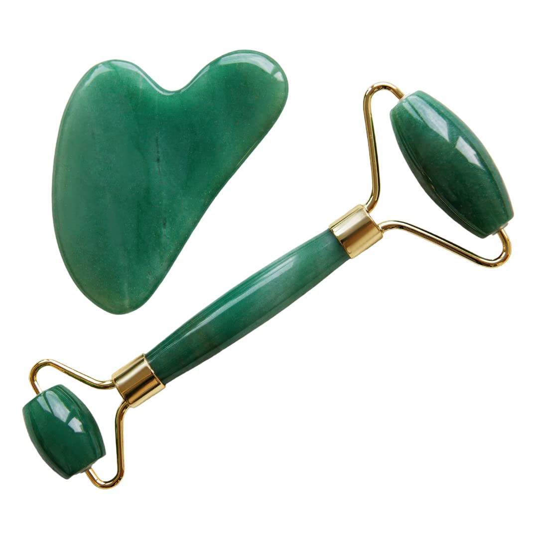 ATC Handels GmbH Facial Roller and Gua Sha Stone Massage Set in 2 Variants - Soothes and Relaxes the Skin - Relieves Puffy Eyes and Reduces Dark Circles - Roll Massager, Eye Massager (Jade)