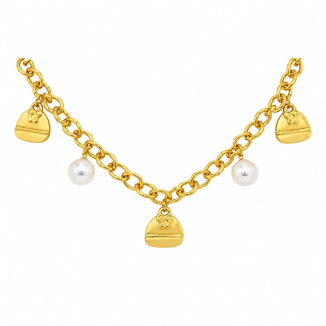 A gold-plated stainless steel chain with a bold design and luxurious pearl accents, featuring elegant charms that add a touch of sophistication to your look and catch everyone's eye