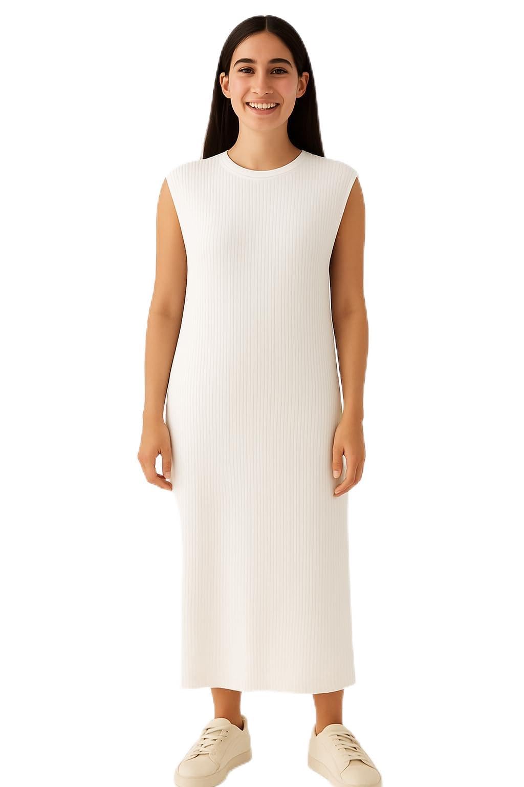Women's Sleeveless Ribbed Knit Maxi Dress | Casual Crewneck Tank Dress | Minimalist Long Summer Sundress (93% cotton 7% lycra)