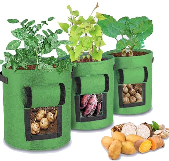 Plant Bag, Potato, Bag, Non-Woven Fabric, Plant Bag with Visible Window and Handles, Grow Bag, for Potatoes, Flowers, Plants, Vegetables, Pack of 3 (Green)