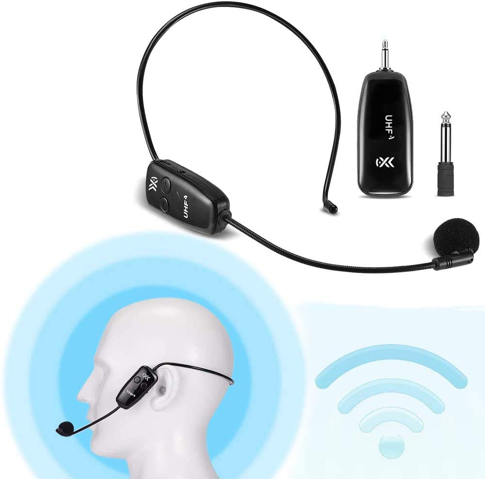DELFINO Wireless Microphones, System Wireless Microphone Headset Lavalier Lapel Speak Beltpack Receiver, Suitable for Smartphone Laptop Desktop PC Speaker Stage Speaker Public Speaking and Teaching