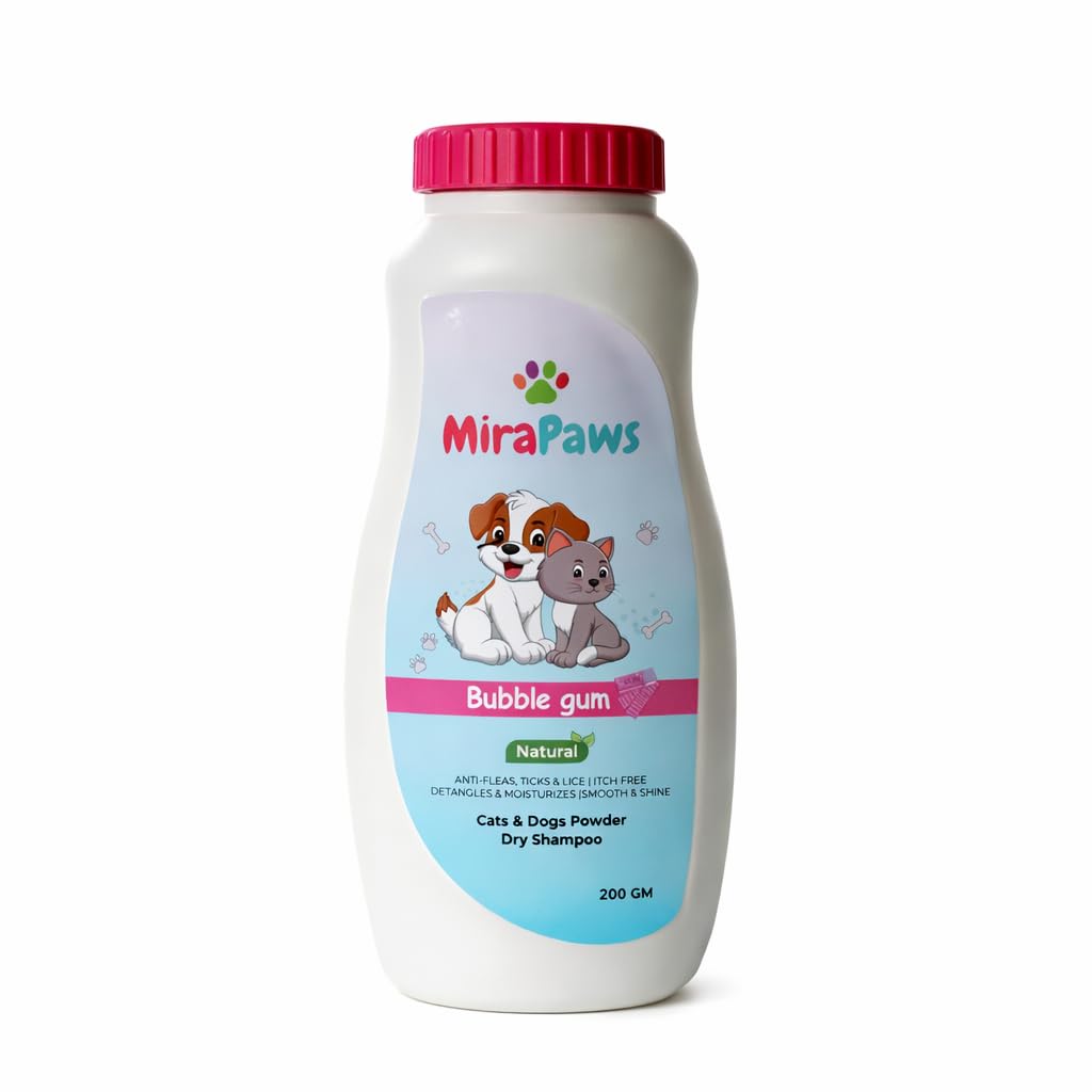 MiraPaws Natural Cats & Dogs Powder Dry Shampoo | Anti-Fleas, Ticks & Lice | Detangles & Moisturizes 200 gm (Baby Powder Scent)