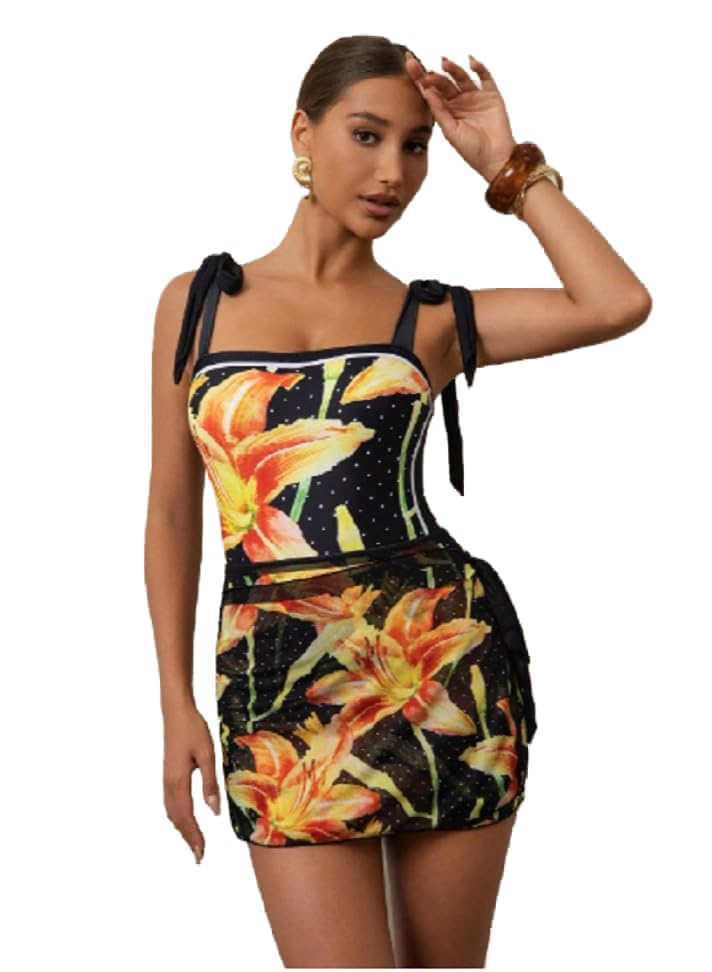 Women's Swim Oasis 2 Pieces Floral Dot & Lily Print One-Piece Swimsuit And Tied Waist Pencil Skirt Set, Tropical Vibe High-End Resort Fashion For Summer Beach Vacation