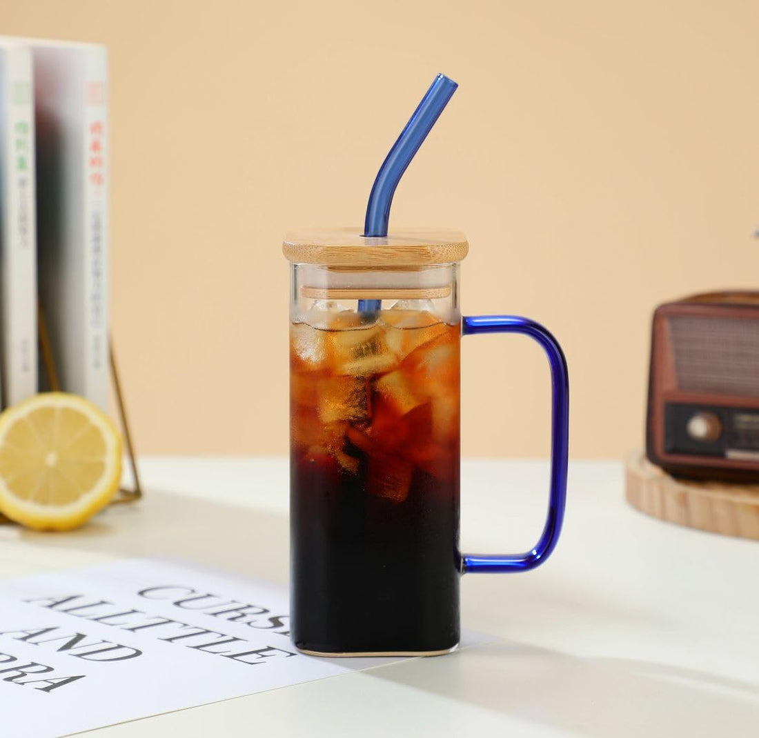 BEDAYA Glass Iced Coffee Mug with Handle, Bamboo Lid and Straw, Cold Beverages Cup for Juices and Iced Coffee