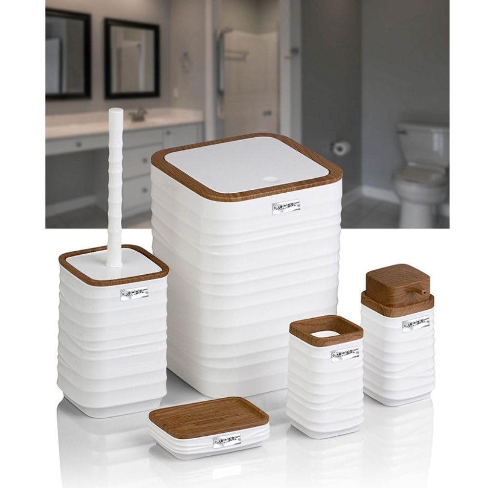 Luna 5 Piece Square Bathroom Set (Soap Dish, Soap Dispenser, Trash Bin, Toilet Brush and Holder, Toothbrush Holder), with Wooden Lid - Assorted Colors