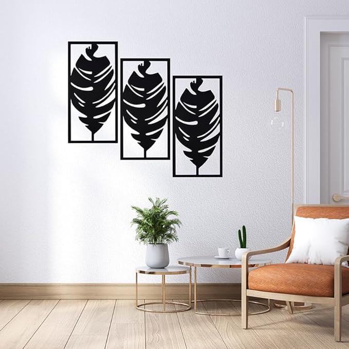 HFR Set of 3 Tropical Feathers Wall Art – Premium MDF Wood Décor – Large 120cm x 80cm Modern Wall Hanging – Self-Adhesive & Easy Installation – Elegant Black Silhouette for Rooms