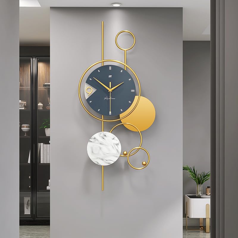 SUNVALLEY Metal Wall Clock | 15 X 30 Inch Hanging Wall Clock for Living Room | Blue & Gold | Decorative Wall Clock for Bedroom | Silent Wall Clock | Framed Analog Wall Clock | Premium Finishing