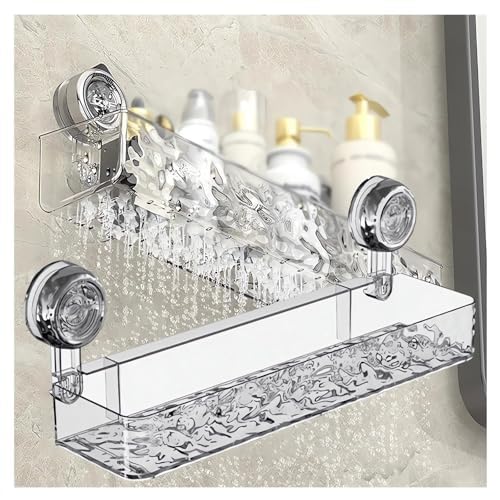Bukela Corrugated Suction Cup Storage Holder Corner Shower Caddy Large Organizer Bathroom Shelf Clear Acrylic Shower Tray Shelves Inside Floating Wall Shelf Bath Basket Rack Heavy Duty (Rect-Clear)