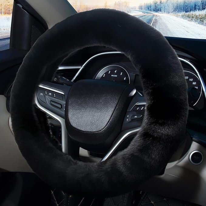 Luxury Fur Steering Wheel Cover, Black, Soft Touch, Scratch Protection, Easy to Install, Suitable for Most Cars