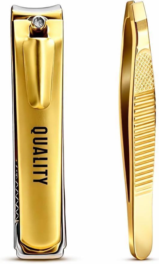 Stainless Steel Nail Clipper & Tweezers Set – Precision Fingernail and Toenail Trimmer with Slant Tip Tweezer – Durable Grooming Tool Kit for Men & Women Home & Travel Use (GOLD)