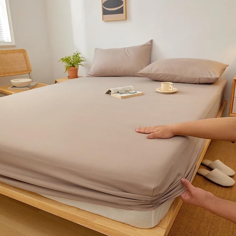 QBED Plain Fitted Sheet Set for Hotels, Homes & Touristic Villages 3 Pieces (Cafe, 180 * 200 * 30 cm)