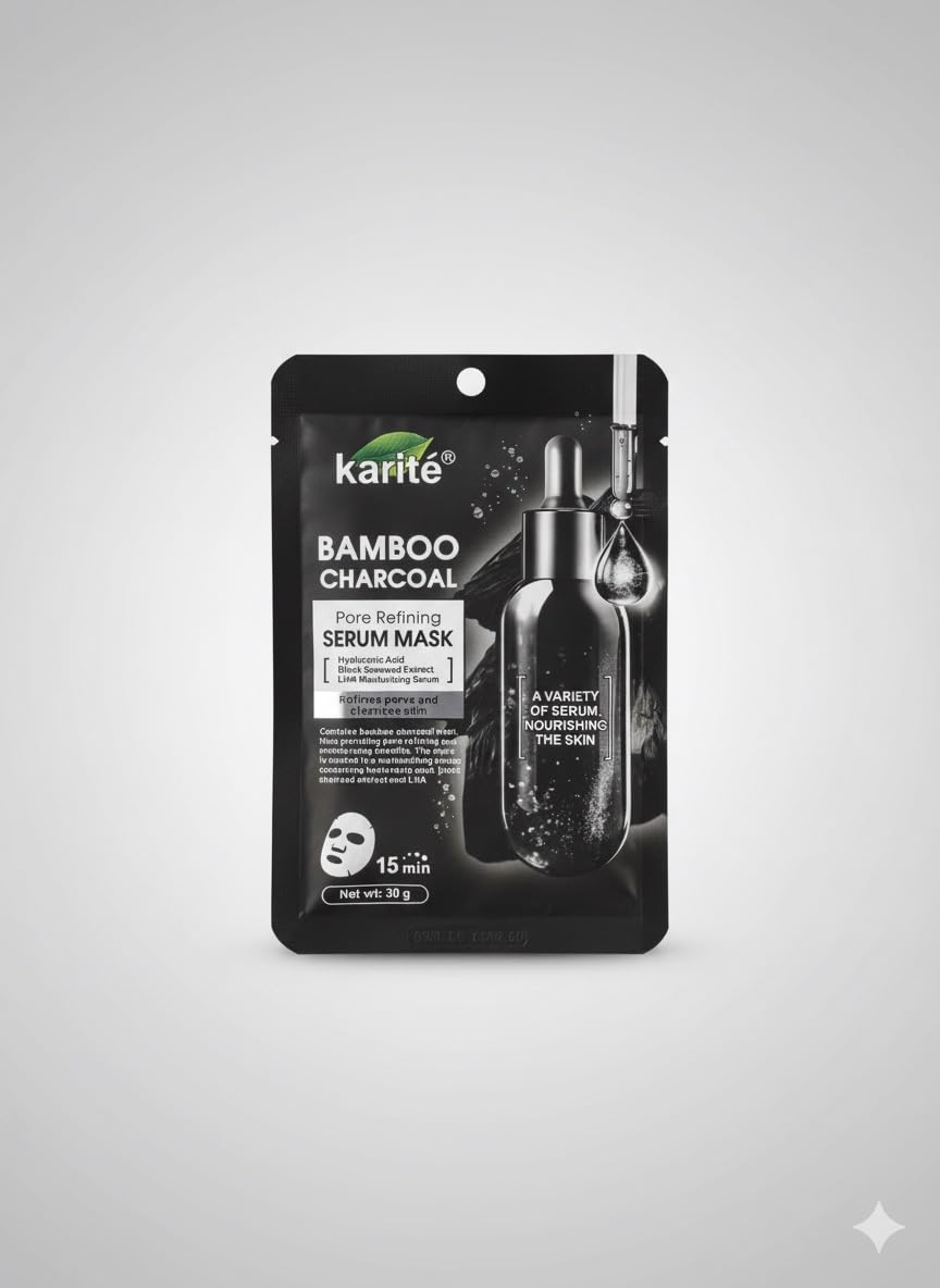 Karité Sheet Mask, Brightening and Nourishing Face Mask, Single Sheet (30g, Bamboo Char)