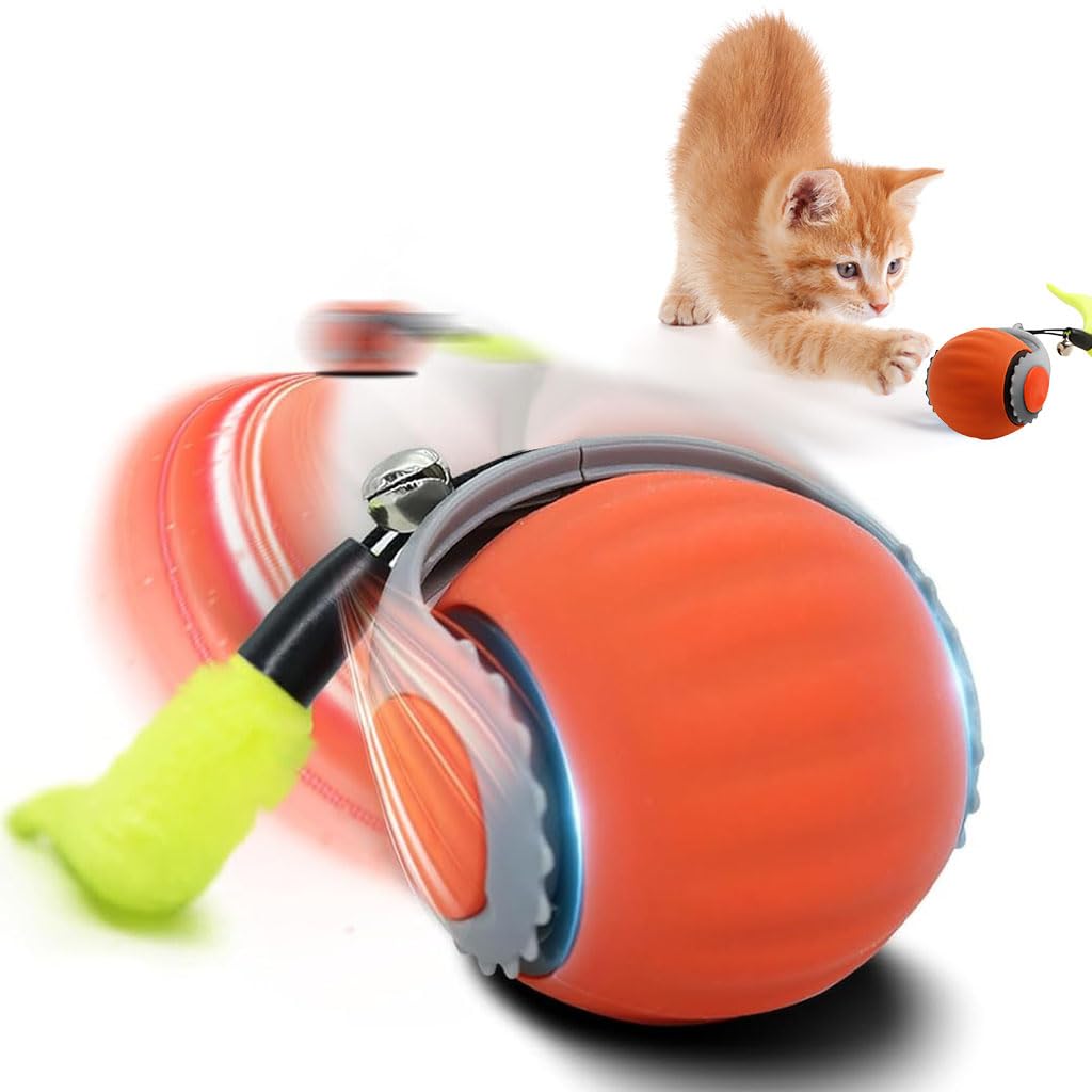 Qpets® Automatic Electric Cat Ball Toy, 2-Speed Interactive Rolling Ball with Feather Teaser Tail & Bell, Self Play Toy for Indoor Cats & Kittens - USB Rechargeable Cat Teaser