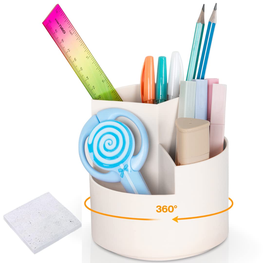 Verina Pencil Pen Holder for Desk- 3 Slots 360-Degree Spinning Desk Organizers, Desktop Storage Organizers Stationery Supplies, Cute Cup Pot Office, School, Art Supply, Kids, White