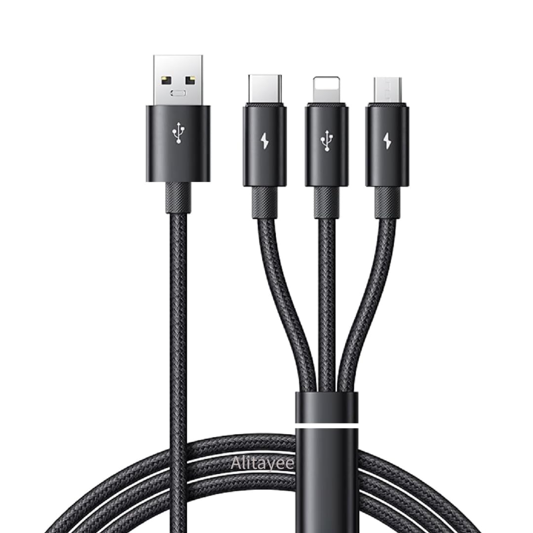 Alitayee VAR-NI 3 In 1 Multi Charging Cable With USB To Micro, USB Type C, Light-Ning Pin, Compatible With Oppo, Vivo, Xiaomi, Samsung, iPhone, Ipad Pro & Car Charging, By Marchpower.,1M