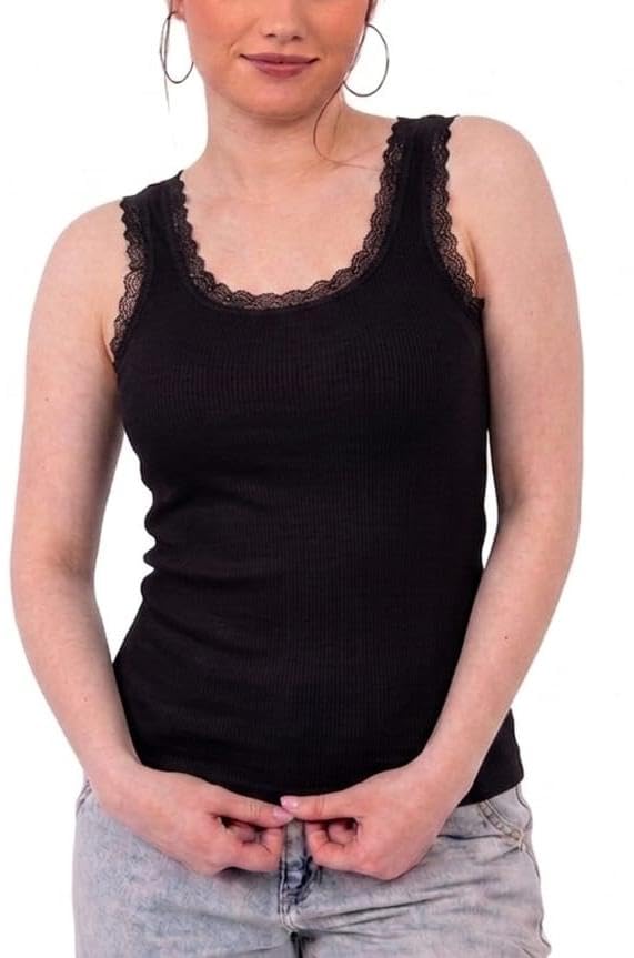 Dabbagh Women’s Soft Ribbed Seamless Tank Top, Lace Trim Scoop Neck Sleeveless Camisole, Stretch Slim Fit, No Side Seams