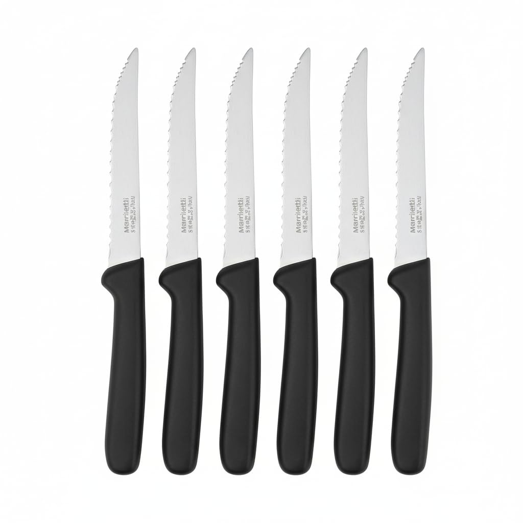Marietti 6-Piece Black Serrated Steak Knife Set 11cm – Italian Stainless Steel Blades for Perfect Steak Cutting, Rust-Resistant, Eco-Friendly