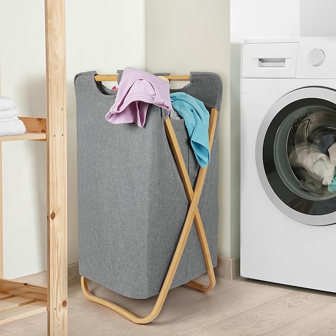 60L Foldable Laundry Basket - Water-Resistant Fabric Storage Bag, Clothes Bin with Bamboo Frame & Handles - Folding Portable Washing Bag for Bedroom, Bathroom or Laundry Room