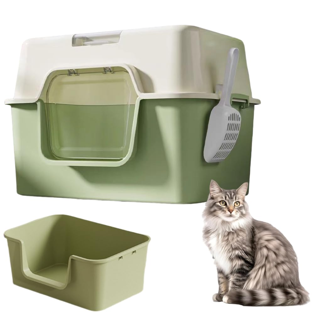 Cat Litter Box,Cat Toilet,Open Cats Litter Box,cats litter Basin,Oversized Splash-Proof Semi-Closed Large cat Litter Box with cat Litter Spoon,Kitten Cat Toilet (Green 2)