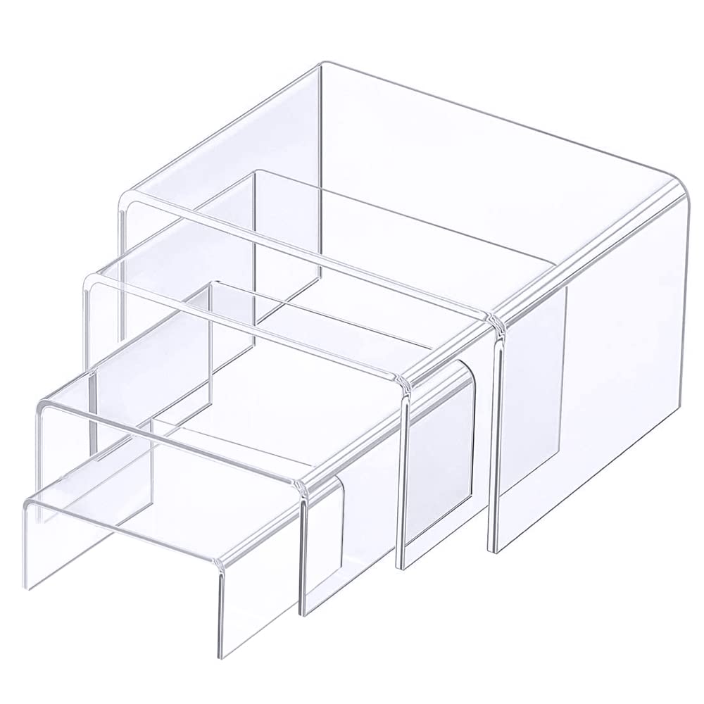 BEST MEDIA 4-Piece Transparent Acrylic Display Riser Set, Premium Product Stands for Cakes and Jewelry, Professional Showcase Shelves- Premium - 4-Piece Set - Transparent