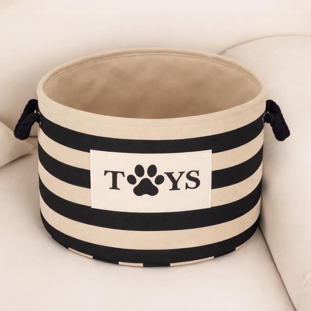 Woven Cotton Rope Storage Basket, Laundry Basket Organizer for Toys, Blanket, Clothes, Towels, Gifts | Pet Gift Basket for Cat, Dog (Beige & black)