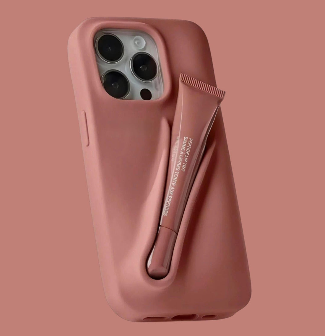 Silicone Lipstick Holder Case for iPhone 11 Pro — Built-in Lip Balm/Cosmetic Tube Slot, Soft-Touch Grip, Slim Shockproof Cover, Camera Protection — Stylish (Beige Pink)
