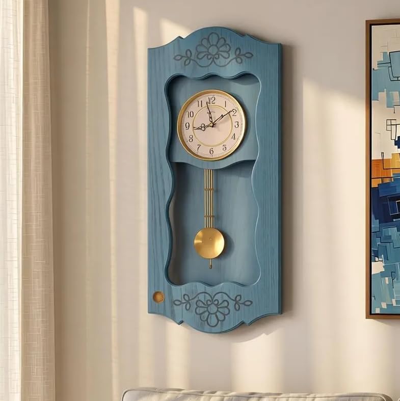 Wooden wall clock with a pendulum, classic blue color and floral patterns – 75 cm,