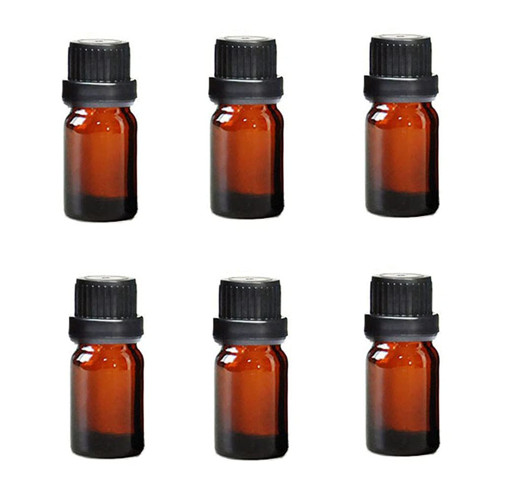 6Pcs Refillable Empty Amber Glass Essential Oil Bottle Vials Attar Jars Bottles with Orifice Reducer and Black Screw Cap DIY Makeup Supplies Tool Accessories Perfume Aromatherapy size 5ml/0.17oz