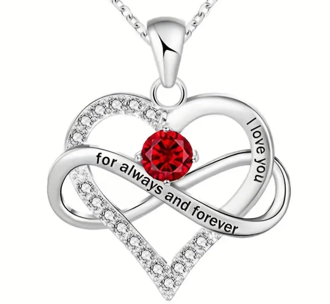 Stainless Steel Heart Infinity Necklace with Red Crystal, I Love You for Always and Forever Engraved Pendant