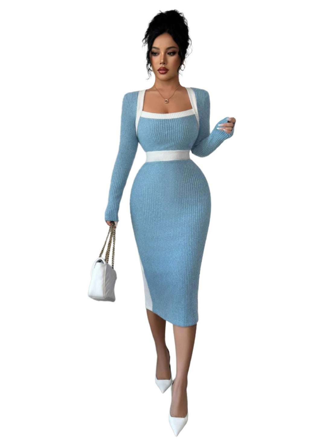 Women SHEIN Dress – Elenzga Ribbed Contrast Color Mid-Length Casual Dress for Autumn & Winter Elegance