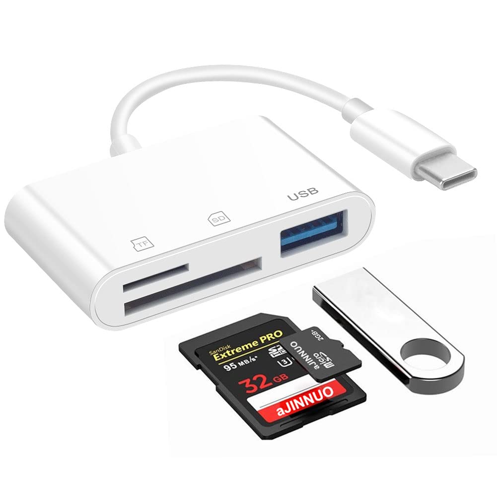 USB C to Micro SD TF Memory Card Reader, 3 in 1 USB Camera Card Reader Adapter Compatible with Pad Pro, XPS, ChromeBook, Galaxy S10/S9 and More USB C Devices (White)