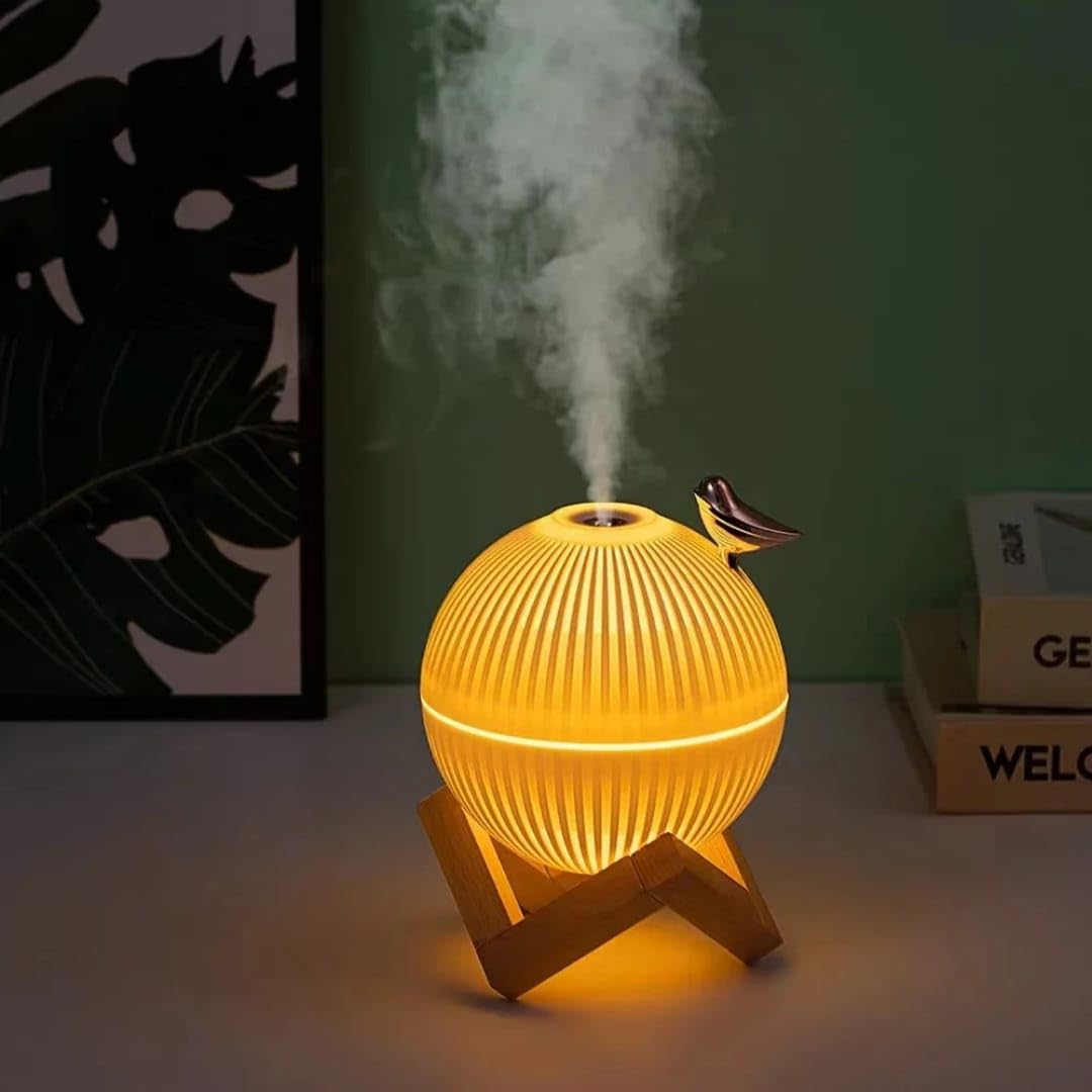Elegant "Lark" Design Aroma Diffuser Humidifier - 330ml with Warm Night Light and Wooden Stand - USB Powered - Perfect for Bedroom, Yoga, Office