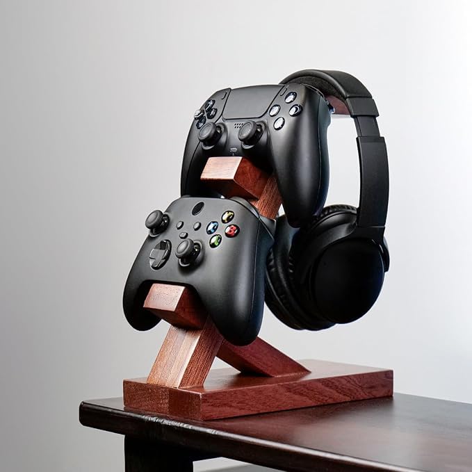 Wooden Headset and Controller Holder – Gaming Headphone Stand with Controller Rack for Gaming Consoles – Universal Desk Organizer for Gaming Accessories
