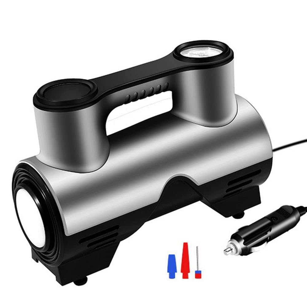 2 Piston Portable Tire Inflator with Emergency Light for Cars and Motorcycles, Works on Lighter Socket 12V Power 120W with Gauge Up to 150PSI and 3M Cable
