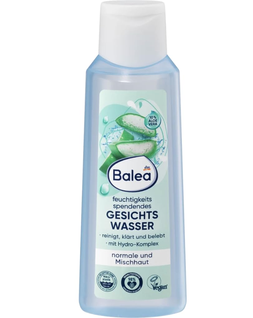 Balea facial toner moisturizing, 200 ml,Cleans, clarifies and invigorates,With 10% aloe vera and hydro complex,For a fresh and awake complexion,For normal and combination skin