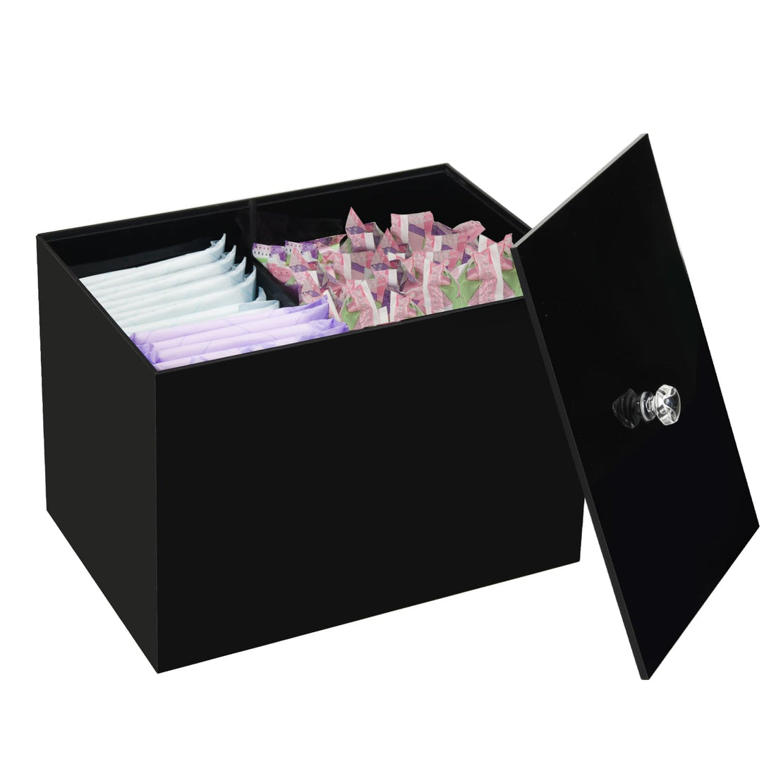 BEST MEDIA Acrylic Tampon Holder for Bathroom, Shark Week Storage Organizer with Lid, Removable Divider, Modern Feminine Pads and Hygiene Product Box - Black