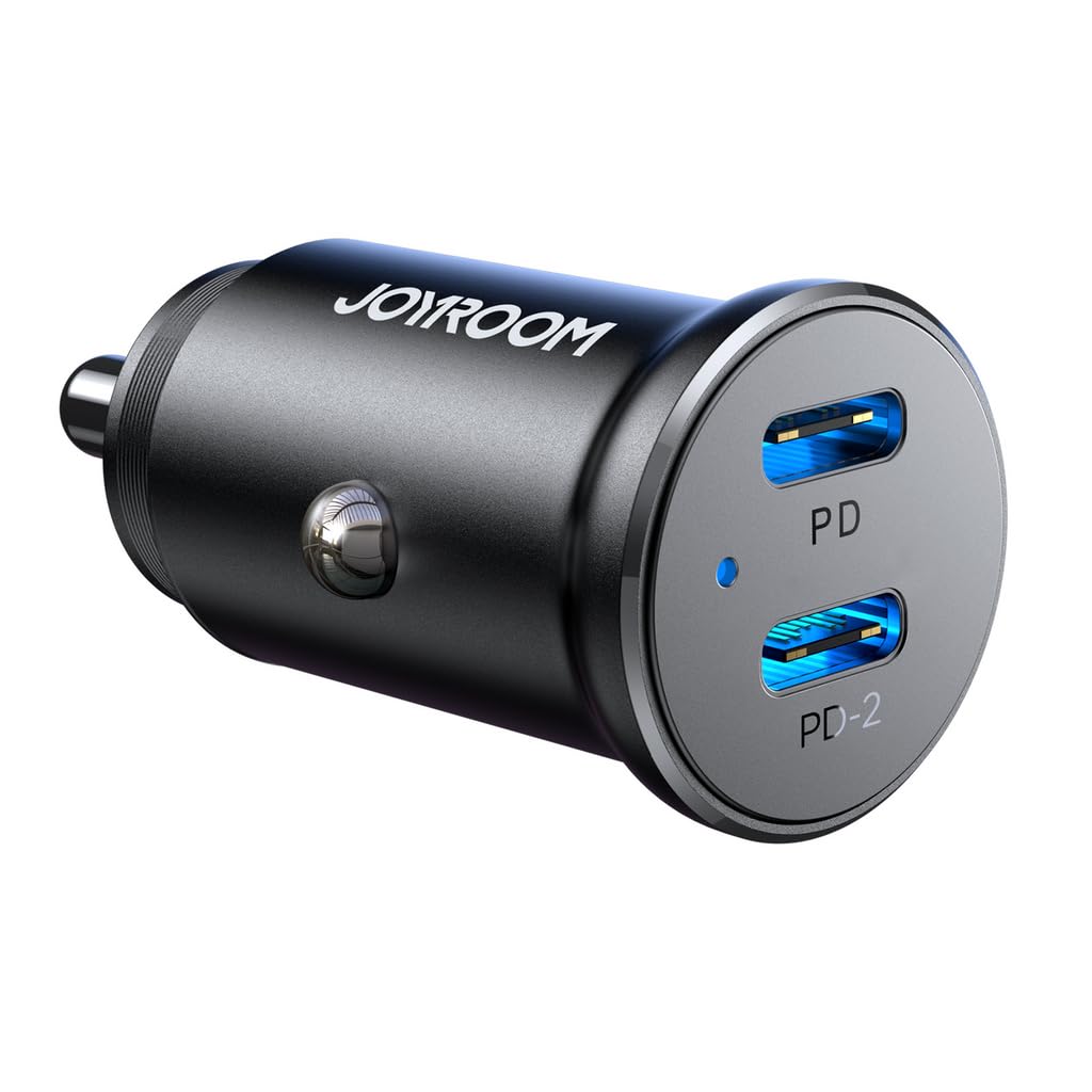 Joyroom JR-CCN06 30W Dual USB-C Mini Metal Car Charger – Fast PD + QC3.0 Charging, Compact Dual-Device Adapter, Universal USB-C Car Charger – Black | 12-Month Warranty