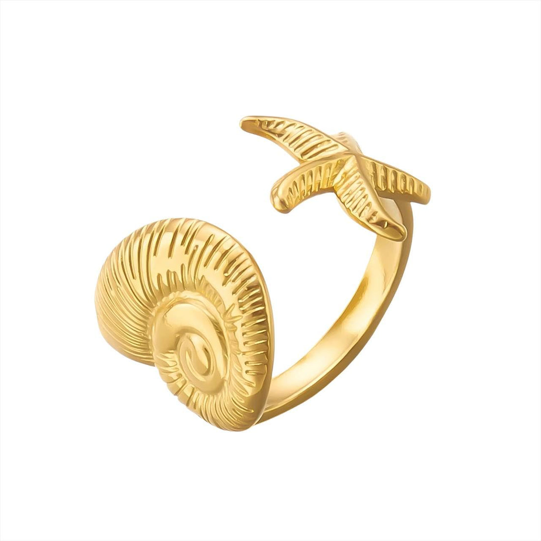 Summer Ocean Style Shell Starfish Conch Adjustable Golden Ring Plated Stainless Steel Jewelry Gift
