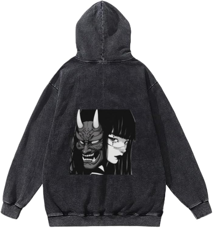 Anime Girl and Oni Mask Hoodie washed back